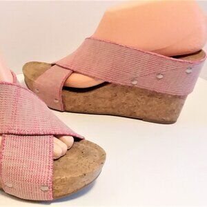 Lucky Brand Miller Womens Size 9M Pink Beige Cork Wedge Cross Strap Stud Sandals